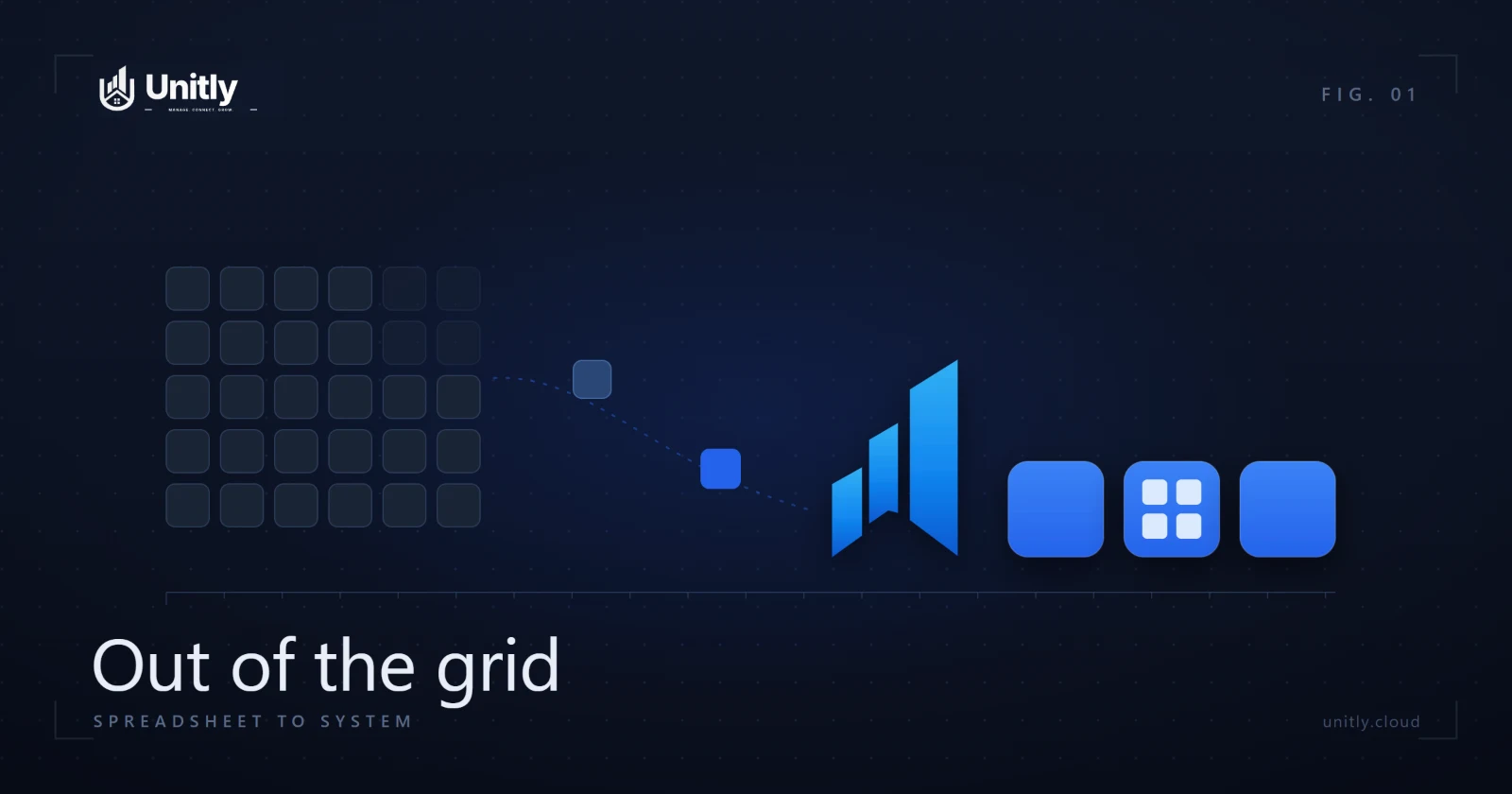 Abstract illustration of a rigid spreadsheet grid resolving into a set of organized unit cards.