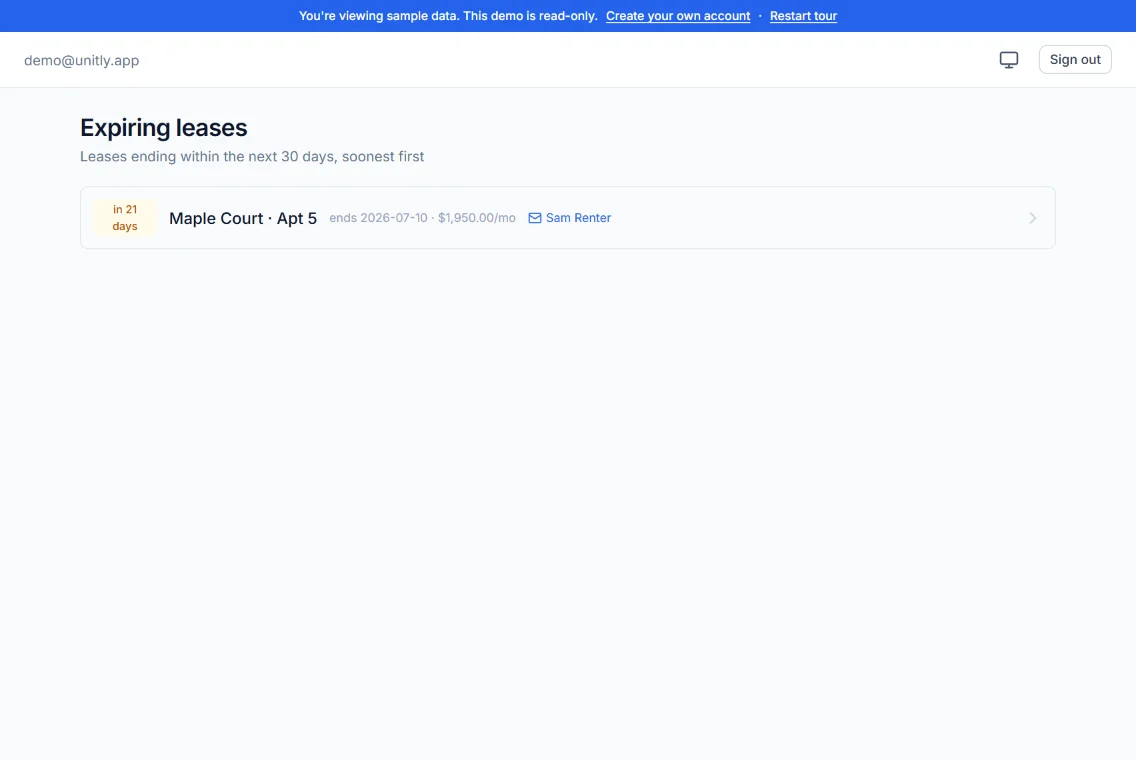 Unitly leases showing rent and deposit figures per unit