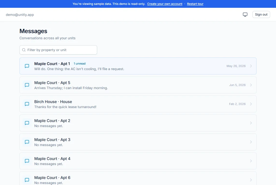 Unitly demo: Tenant messages